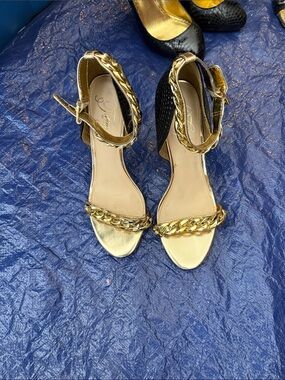 Fergie Gold Chain-Detail Ankle Strap Heels